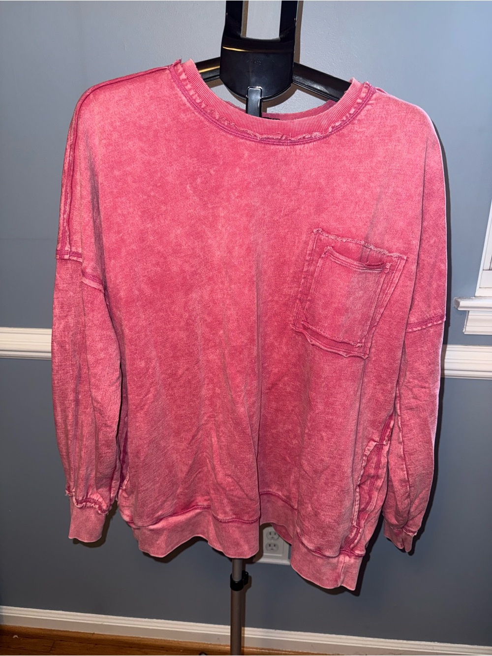 Zenana XL Pink Mineral Wash Oversized Sweatshirt Raw Seam Pockets